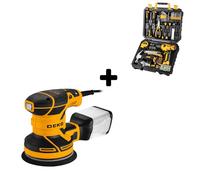 DEKOPRO 300W Ponceuse Orbitale Excentrique, 6 Vitesses, 14000RPM et Caisse a Outil Complete 126 Pièces avec Perceuse Sans Fil 8V