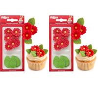 Dekora - Boîte de 7 Marguerites Rouges et 5 Feuilles Vertes en Sucre - Figurines Comestibles pour Gâteaux - Décoration en Sucre pour Gâteaux d'Anniversaire (Lot de 2)