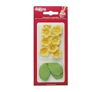 Dekora - Boîte de 8 Fleures Jaunes et 5 Feuilles Vertes en Sucre - Figurines Comestibles pour Gâteaux - Décoration en Sucre pour Gâteaux d'Anniversaire