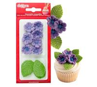 Dekora - Boîte de 8 Fleures Violettes et 5 Feuilles Vertes en Sucre - Figurines Comestibles pour Gâteaux - Décoration en Sucre pour Gâteaux d'Anniversaire