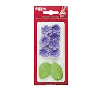Dekora - Boîte de 8 Fleures Violettes et 5 Feuilles Vertes en Sucre - Figurines Comestibles pour Gâteaux - Décoration en Sucre pour Gâteaux d'Anniversaire