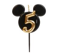 dekora - Bougie d'Anniversaire Mickey Mouse - Bougies Disney - Cire de Paraffine sans Fragrance - Bougies d'Anniversaire Enfant avec Oreilles de Mickey Mouse Noir et Doré - Taille 8,5 cm - Numéro 5