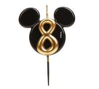 dekora - Bougie d'Anniversaire Mickey Mouse - Bougies Disney - Cire de Paraffine sans Fragrance - Bougies d'Anniversaire Enfant avec Oreilles de Mickey Mouse Noir et Doré - Taille 8,5 cm - Numéro 8