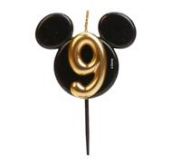 dekora - Bougie d'Anniversaire Mickey Mouse - Bougies Disney - Cire de Paraffine sans Fragrance - Bougies d'Anniversaire Enfant avec Oreilles de Mickey Mouse Noir et Doré - Taille 8,5 cm - Numéro 9