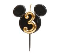 dekora - Bougie d'Anniversaire Mickey Mouse - Bougies Disney - Cire de Paraffine sans Fragrance - Bougies d'Anniversaire Enfant avec Oreilles de Mickey Mouse Noir et Doré - Taille 8,5 cm - Numéro 3