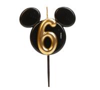 dekora - Bougie d'Anniversaire Mickey Mouse - Bougies Disney - Cire de Paraffine sans Fragrance - Bougies d'Anniversaire Enfant avec Oreilles de Mickey Mouse Noir et Doré - Taille 8,5 cm - Numéro 6