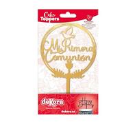 dekora - Cake Topper “Ma Première Communion” Doré - Décoration pour Gâteaux et Sweet Tables - Plastique Contact Alimentaire - 16 x 9,5 cm - Non Comestible
