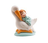 dekora - Figurine de Décoration de Baptême Garçon 10 cm - Cigogne avec Bébé Endormi, Cake Topper pour Gâteaux de Baptême, Baby Shower et Cérémonies