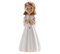 dekora - Figurine de décoration Première Communion fille avec Chapelet et Nœud Rose 16 cm, Décoration pour gâteau de communion, Cake topper apte au contact alimentaire
