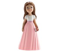 dekora - Figurine de décoration Première Communion fille avec Jupe Rose 16 cm, Décoration pour gâteau de communion, Cake topper apte au contact alimentaire