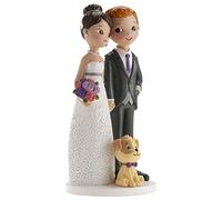 dekora - Figurine pour gâteau de mariage « Mariés avec chien » - 16 cm de hauteur - Décoration de gâteau de mariage - Design original et détaillé - Cake topper apte au contact alimentaire