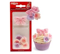 dekora - Fleurs en sucre pour gâteau, décorations comestibles avec 7 fleurs et 2 nœuds roses, décors prêts à poser pour cupcakes, baby shower, gender reveal et pâtisserie créative