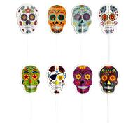 dekora Halloween Cake Toppers Tête de Mort,16 Décorations Halloween en Papier pour Cupcakes, Gâteaux & Muffins, 8 Motifs Crâne Mexicain | 9x4,5 cm