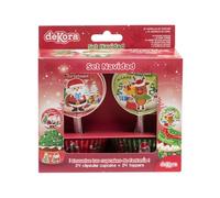 dekora - Kit de Décoration pour Pâtisserie de Noël - 24 Moules pour Cupcakes + 24 Toppers en Papier - Décoration de Noël pour Cupcakes, Muffins, Petits Gâteaux et Autres Desserts - Rouge et Vert