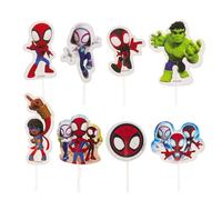 dekora - Spidey Cupcake Toppers 16 pièces (8 designs) - Décoration de gâteau officielle Marvel, carte en papier solide avec bâtonnets de qualité alimentaire