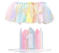Dekoration für den Hochstuhl zum 1. Geburtstag der Prinzessin, Set mit Krone und Regenbogen-Tutu-Wimpel, glänzendes goldenes ONE-Schild, Partyzubehör für den ersten Geburtstag