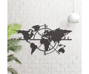 Dekory Art Mural Carte du Monde en Métal - Points Cardinaux Complets - Décoration Intérieure Élégante pour Salon - 116 x 75 cm[45,6'' x 29,5'']