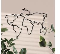 Dekory Carte du Monde en Métal Noir - Silhouette Minimaliste Filaire avec Avion, Décoration Murale Planisphère pour Salon, Chambre à Coucher, Bureau - 93x70 CM