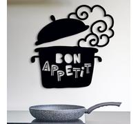 Dekory Décoration murale cuisine en métal noir - Panneau « Bon appétit » avec marmite et vapeur - Enseigne style bistrot français pour cuisine, salle à manger, restaurant, café ou bistrot - 65x65 CM