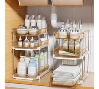 Delamu Lot de 2 Organiseurs de Rangement sous Évier de Salle de Bain à 3 Niveaux, Organisateurs Multi-Usages Empilables pour Armoire de Cuisine et de Salle de Bain, Tiroirs Coulissants Transparents