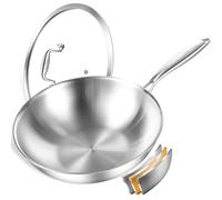 DELARLO Wok triple épaisseur en acier inoxydable de 30,5 cm avec couvercle, ustensiles de cuisine larges et profonds, passe au lave-vaisselle et au four jusqu'à 315,6 °C, fonctionne sur induction