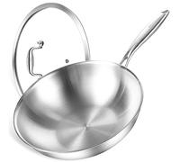 DELARLO Woks & Stir-Fry Poêles - Wok en acier inoxydable triple épaisseur de 33 cm avec couvercle, grande surface de cuisson, sauteuse à côté haut, compatible avec l'induction, 315,6 °C