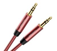 deleyCON 1,5m Câble Audio Stéréo AUX en Nylon 3,5 mm - Câble Audio en Nylon - Fiche Métallique - pour Téléphone Portable, Smartphone, Tablette, Casque, Récepteur HiFi - Rouge/Rose