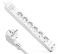 deleyCON 1,5m Multiprise 6 Compartiments avec USB 6X Prises de Contact de Protection 2X Prise de Chargement USB-A par ex. Téléphone Portable et Tablette Protection de Survoltage Bouton on/Off Blanc