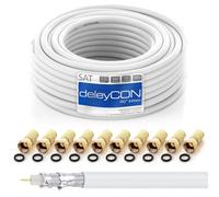 deleyCON 10m HQ+ Câble Coaxial Satellite SAT 135dB Blindé 5 Couches DVB-S DVB-S2 DVB-T DVB-C 4K 1080p FULL HD HDTV + 10 Connecteurs F Plaqués Or