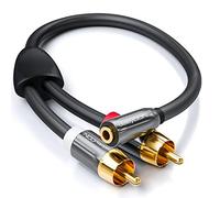 deleyCON 20cm Câble Audio Stéréo Court - Prise Jack 3,5 mm vers 2 Fiche RCA - Boîtier Métallique - Adaptateur pour Ordinateur Portable, Tablette, Smartphone, TV, DVD, Enceinte - Noir