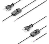 deleyCON 2X 2m Câble Secteur Euro avec Interrupteur - Extrémité Ouverte - Cordon D’Alimentation, Câble de Rechange, de Raccordement, Rallonge - Prise Européenne Type C Fiche Plate - Noir