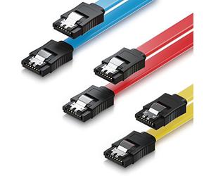 deleyCON 3x 50cm Câble SATA III en Lot S-ATA 3 Données - Câble Connexion HDD SSD Raccordement Clip Métallique 6 GBit/s - 2 Fiche Droite L-Type - Jaune Rouge Bleu