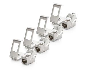 deleyCON 4x CAT6a Keystone Jack Module Avec 4x 1-Port Adaptateur Pour Profilé Chapeau Comme Set Métal STP Blindage RJ45 Femelle 10 Gbit/s Réseau Montage Snap-In Pour Profilés Chapeau 35mm