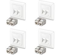 deleyCON 4x Prises Réseau RJ45 Encastrables 10 Gbit/s Keystone (4x Boîtiers + 8x Keystones) - Prise RJ45 Cat6a - pour Câbles Cat6/Cat7 Gigabit - Entièrement Blindé - Blanc