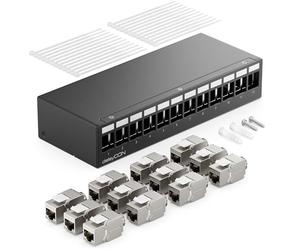 deleyCON Panneau de Brassage 12 Ports Kit Panneau de Distribution 1U + 12x RJ45 Modules Keystone Jack STP CAT6a Compatibles avec Câble Fixes CAT5 CAT6 CAT6a CAT7 Câbles Réseau Ethernet LAN DSL- Noir