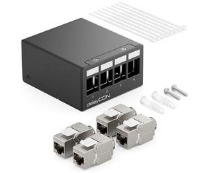 deleyCON Panneau de Brassage 4 Ports Kit Panneau de Distribution 1U + 4x RJ45 Modules Keystone Jack STP CAT6a Compatibles avec Câble Fixes CAT5 CAT6 CAT6a CAT7 Câbles Réseau Ethernet LAN DSL- Noir