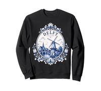 Delft Holland Windmill Blue Tile Art Dutch Canal Porcelain Sweatshirt