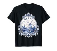 Delft Holland Windmill Blue Tile Art Dutch Canal Porcelain T-Shirt