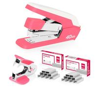 DELI Effortless Agrafeuse de bureau robuste, capacité de 40 à 50 feuilles, un doigt, sans effort, avec agrafes et détache-agrafes, rose rouge