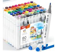deli Lot de 80 marqueurs permanents à l'alcool à double pointe avec pointes fines et biseautées, stylos de coloriage pour adultes, artistes et étudiants, livrés dans un étui de transport durable avec