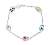 Délicate Amulette Turque Talisman Protection Bonne Chance Cinq Multi Couleur Jaune Rouge Bleu Hamsa Fatima Main Et Oeil Maléfique Bracelet De Charme Pour Ados Pour Femmes .925 Argent Sterling