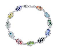 Délicate Amulette Turque Talisman Protection Bonne Chance Multi Couleur Jaune Rouge Bleu Hamsa Fatima Main Et Oeil Maléfique Bracelet De Charme Pour Ados Pour Femmes .925 Argent Sterling