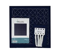 DELICATELA Sashiko Kit de broderie japonaise 68 cm x 34 cm Tissu pré-imprimé (30 cm x 30 cm) Fil naturel Aiguille Instructions de broderie Motif étoiles Bleu indigo