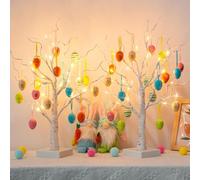 DELICHTER Lot de 2 Sapin de Pâques Blanc avec Oeufs Colorés Cadeaux de Pâques Arbre Lumineux à Piles avec 24 LED Décoration de Pâques Bouleau pour Décoration Intérieure