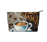 Délicieuse trousse de maquillage en velours côtelé imprimé café pour femme - Jolie trousse de maquillage de voyage avec dragonne, Noir , Taille unique, Trousse de maquillage