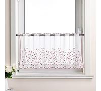 Delien Lot de 1 rideau brise-bise en voile - Gardine courte brodée Bistrogardine »Grünland« - Transparent - Rideau court à tringle - Motif d'herbe et de feuilles pour cuisine LxH 120x30 cm, Rouge