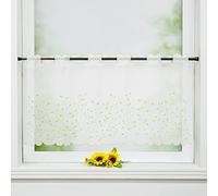 Delien Voile 1 pièce Rideau brise-bise court - Broderie Bistrogardine »Grünland« - Transparent - Rideau court à tringle - Motif herbe et feuilles - pour cuisine LxH 90x30cm, Vert