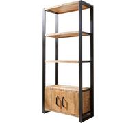 DeLife Bibliothèque Crompton Manguier Naturel Métal Noir 80x185cm 3 Compartiments 2 Portes Étagère