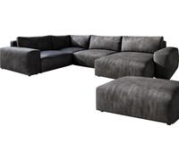 DeLife Grand canapé d'angle Lanzo Similicuir Vintage Anthracite 300x210 cm méridienne réversible avec Pouf