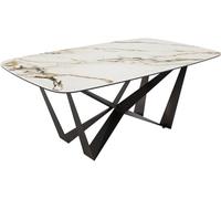 Table à manger Edge en forme de bateau 200x100 céramique Calacatta Luxe blanc-doré-gris Spider acier plat noir